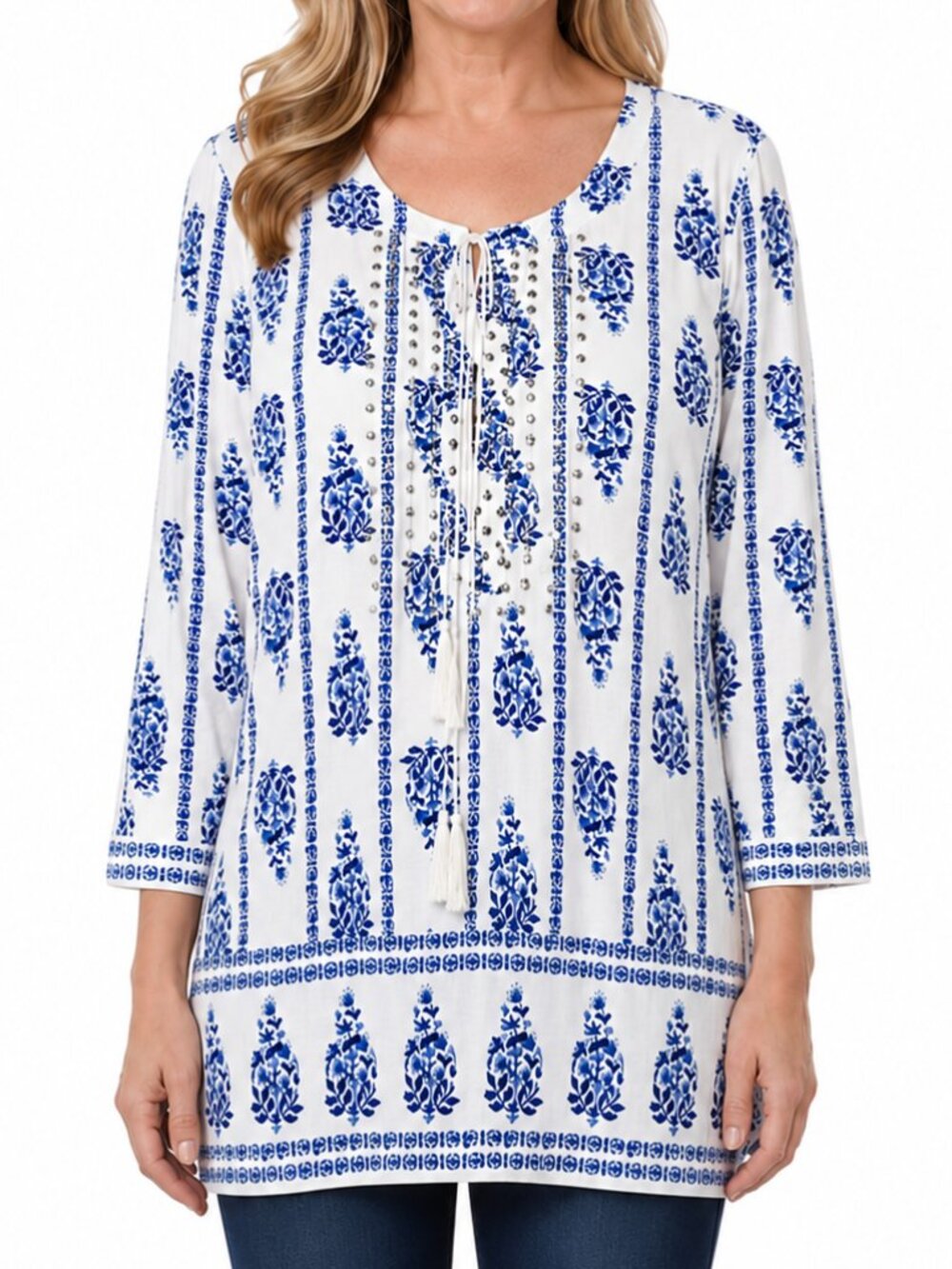 V Cristina Womens L Blue White Boho Tunic Top Rayon Tassel Embellished 3/4 Sleev